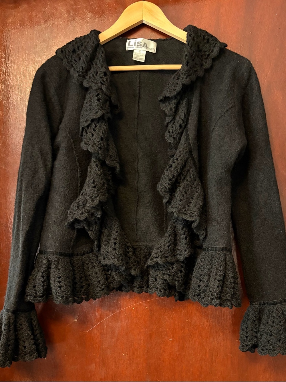 Women’s Lisa International Black Ruffle-Trim Knit Cardigan